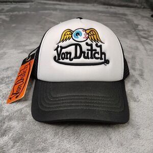 Von Dutch Trucker Hat White‎ Black Flying Eyeball Wordmark Embroidered Cap